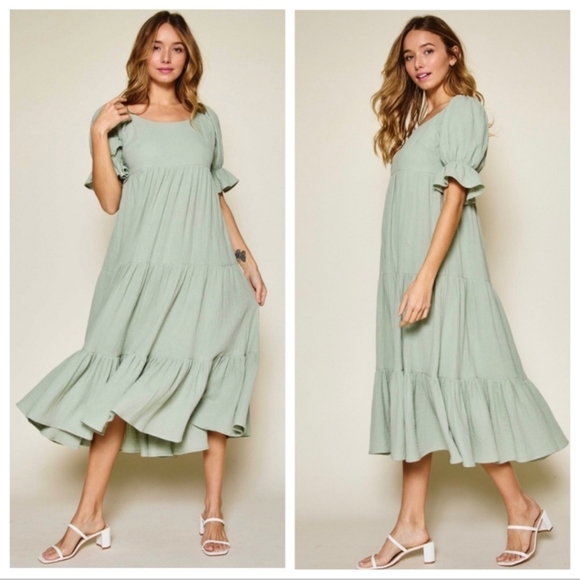 Beautiful Laura Short Sleeve Tiered Midi Prairie Cotton Dress - Picture 5 of 6